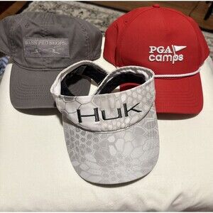 3 Hat Lot HUK Fishing Visor PGA Camps Rope Hat Bass Pro Shops‎ Cap Outdoor